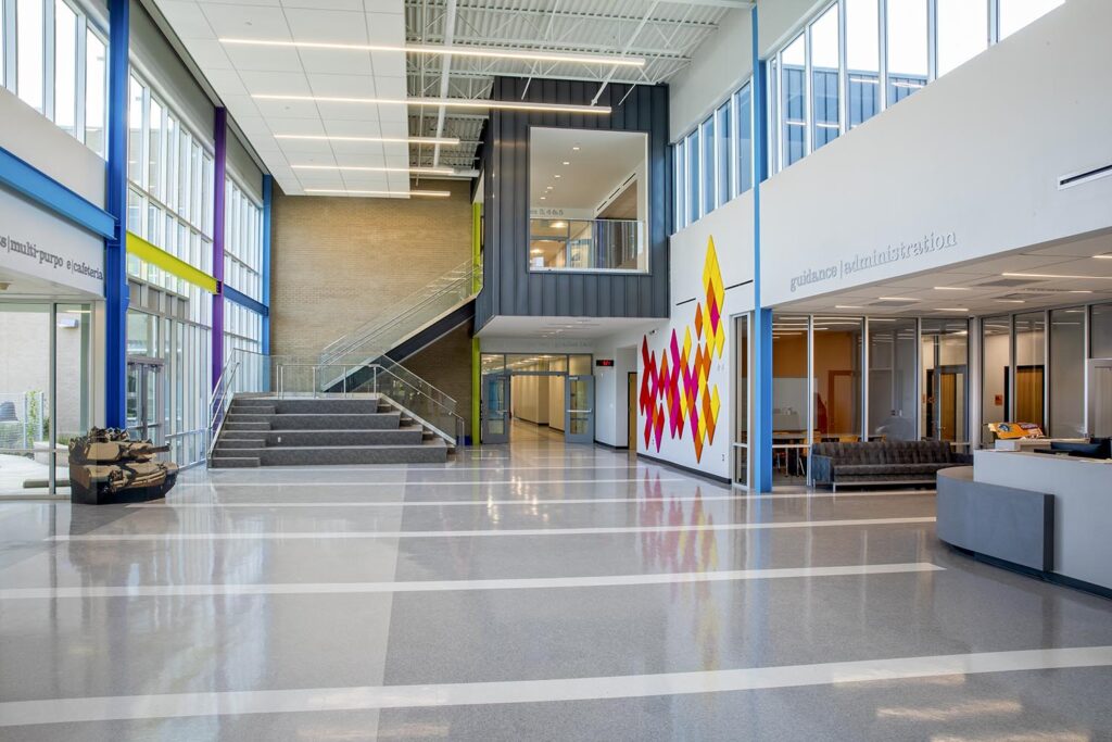 The Park Elementary School entrance opens with an atrium filled with natural light. The 78,500 square-foot building is nearly twice the size of the original school built in 1955. Staff and teachers worked with Coleman Partners Architects, LLC to help design the new school. General Contractor Percy J. Matherne Contractors was the general contractor of the $21.7 million school project.